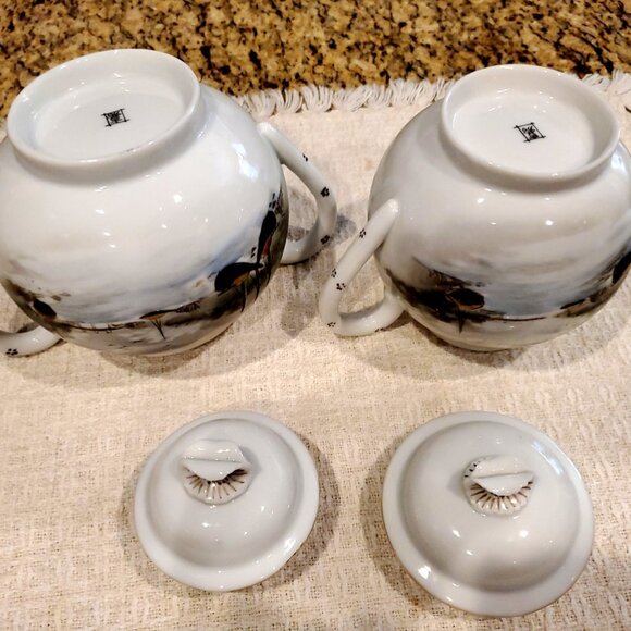 RARE Vintage Kutani Scene Mt Fuji River Boats Hand Painted Pitcher Set with Lids - Picture 5 of 8